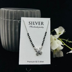 Floral Black Bead Silver Mangalsutra Necklace