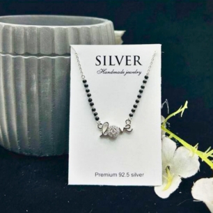 Elegant Double Heart Black Bead Silver Mangalsutra Necklace