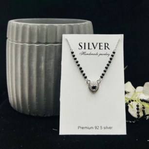 Classic Black Beaded Silver Heart Mangalsutra Necklace