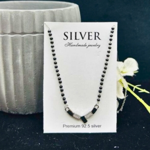 Modern Black Beaded Silver Geometric Mangalsutra Necklace