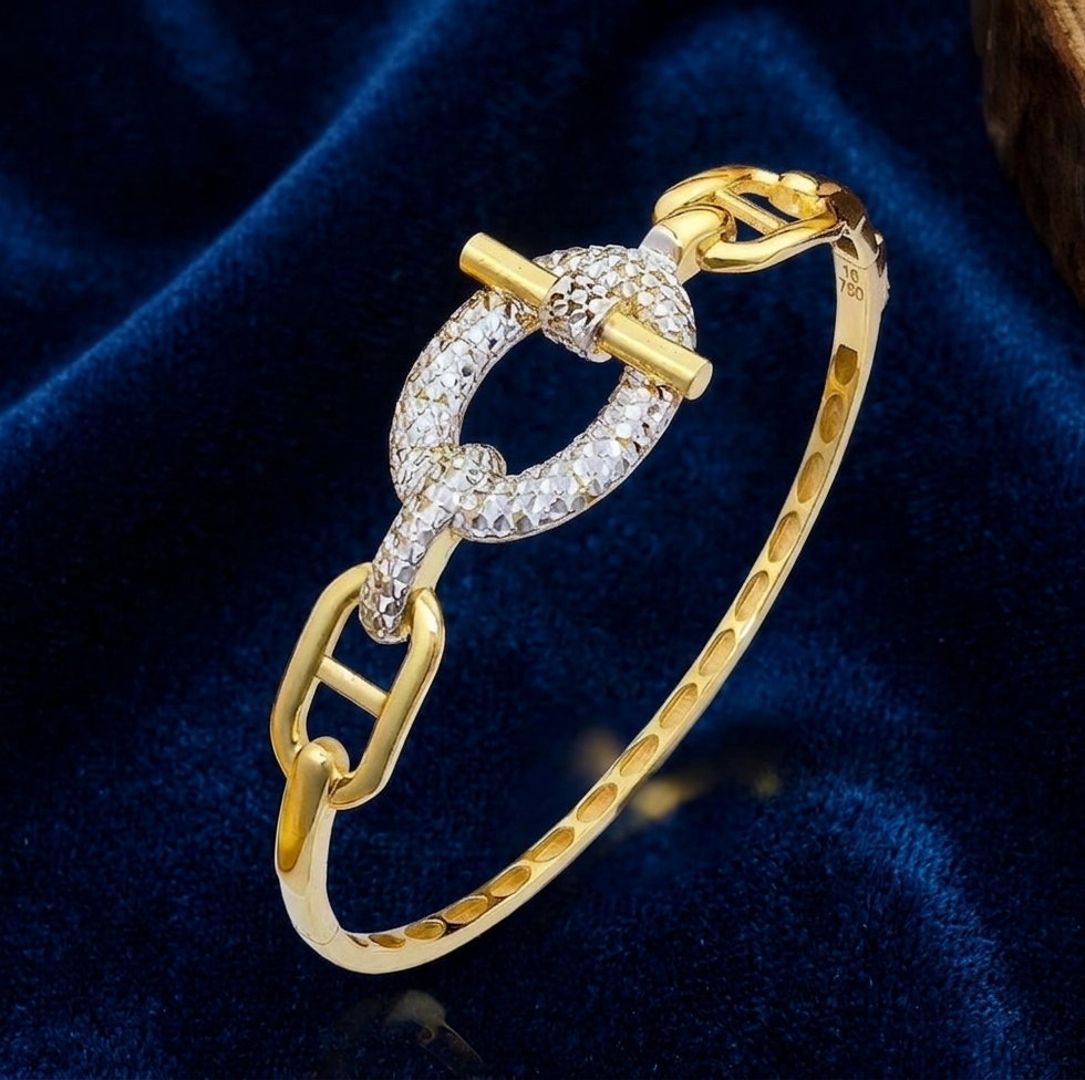 Elegant Dual-Tone Textured Oval Link Gold Kada