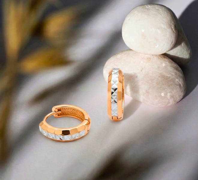 Diamond-Cut Faceted Dual-Tone Huggie Hoops
