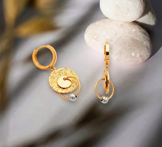 Textured Gold Disc & Two-Tone Ring Dangle Hoop Earrings