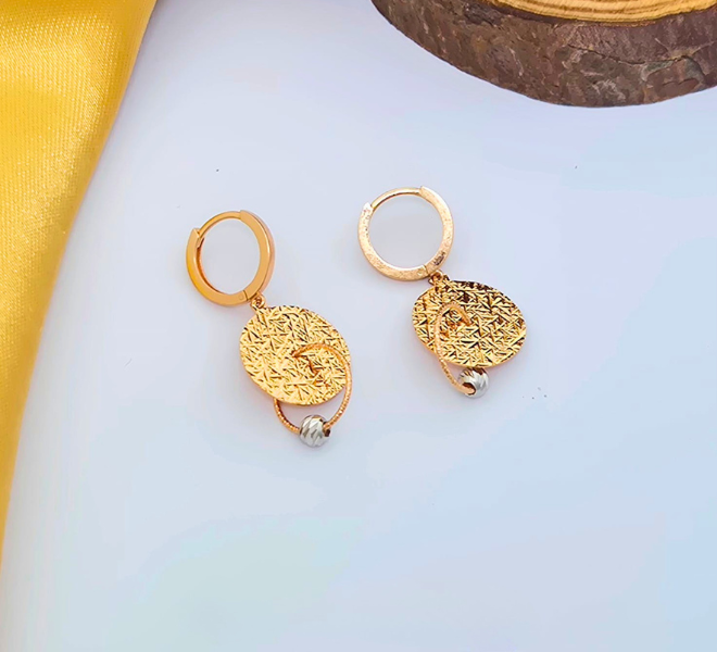 Textured Gold Disc & Two-Tone Ring Dangle Hoop Earrings
