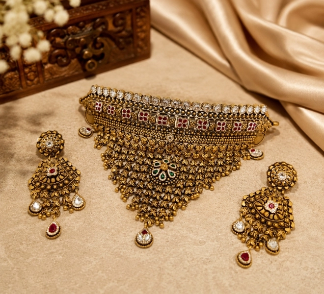 Antique Rajwadi Choker Necklace Set with Earrings