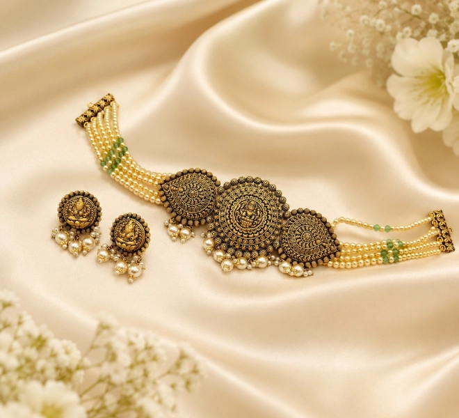 Antique Temple Pearl Choker Necklace Set with Earrings