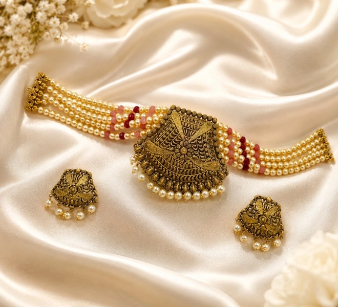 Antique Pearl Maharani Choker Necklace Set with Earrings