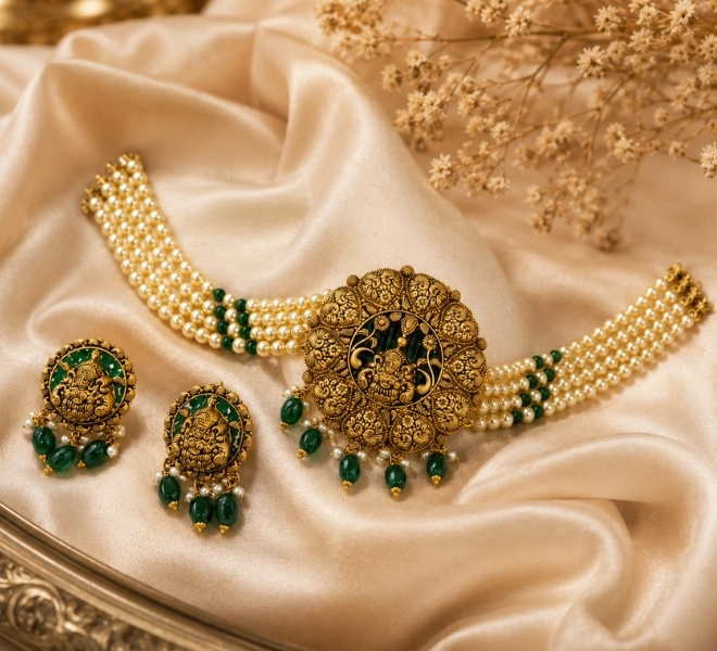 Antique Temple Green Pearl Choker Necklace Set with Earrings