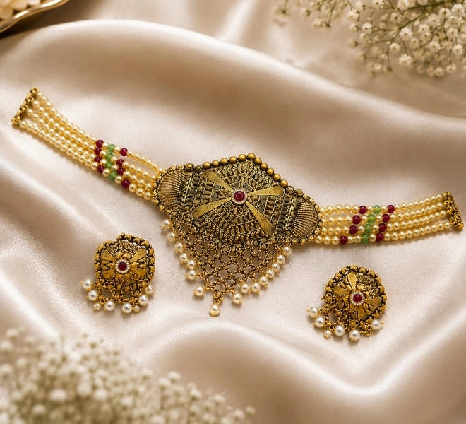 Antique Pearl Cheek Patti Necklace Set with Earrings