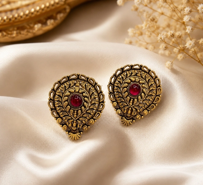 Antique Gold Ruby Teardrop Stud Tops