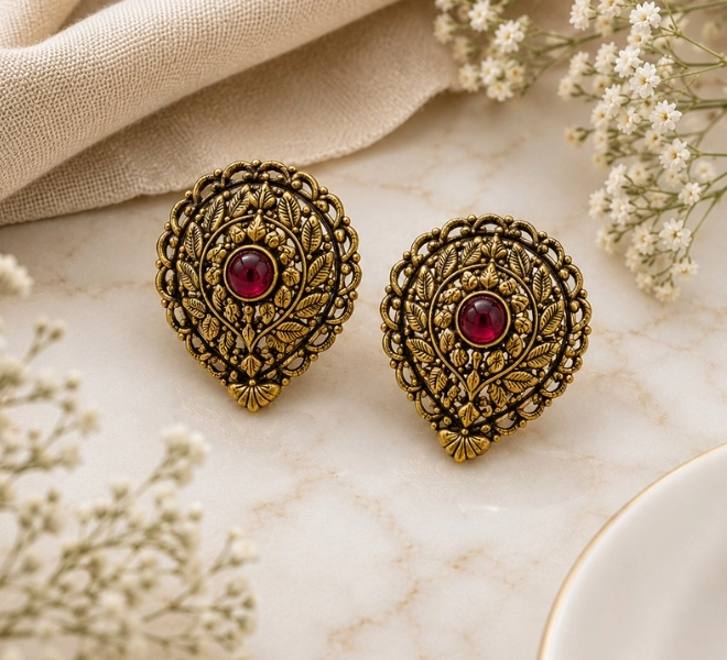 Antique Gold Ruby Teardrop Stud Tops