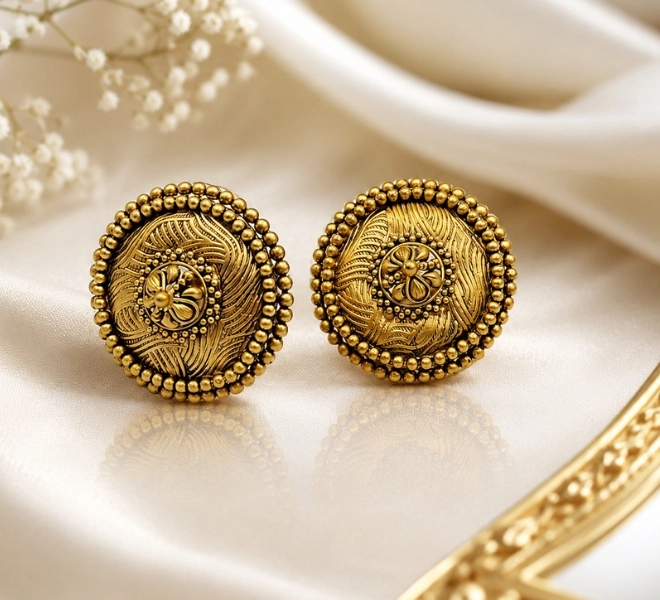 Antique Gold Round Floral Stud Tops