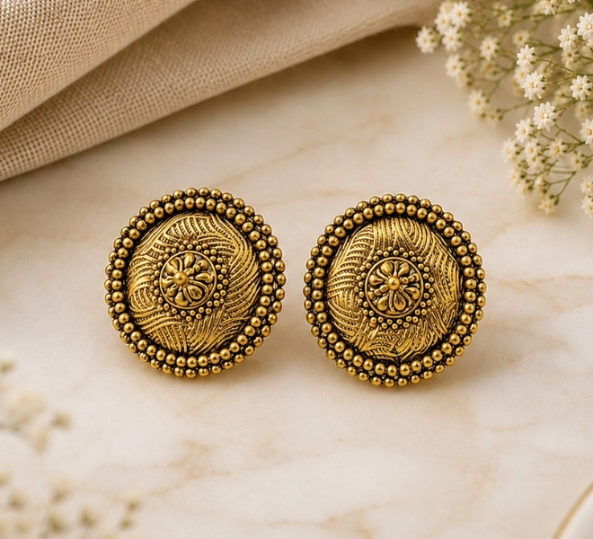 Antique Gold Round Floral Stud Tops