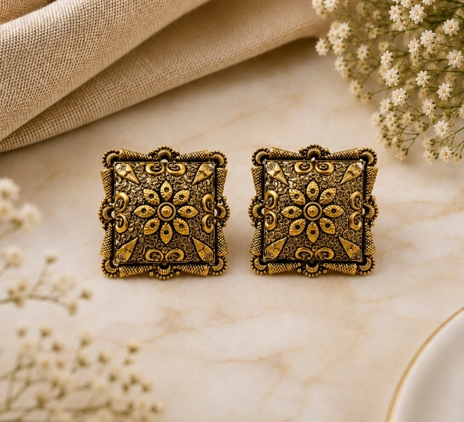 Antique Gold Square Floral Stud Tops