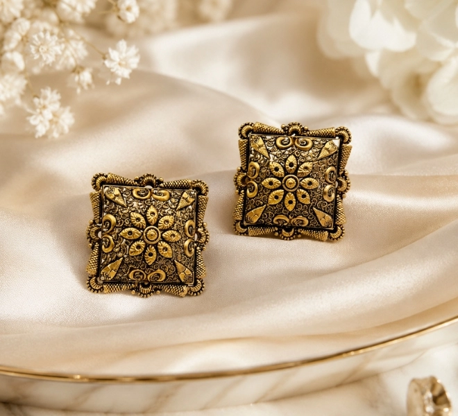 Antique Gold Square Floral Stud Tops