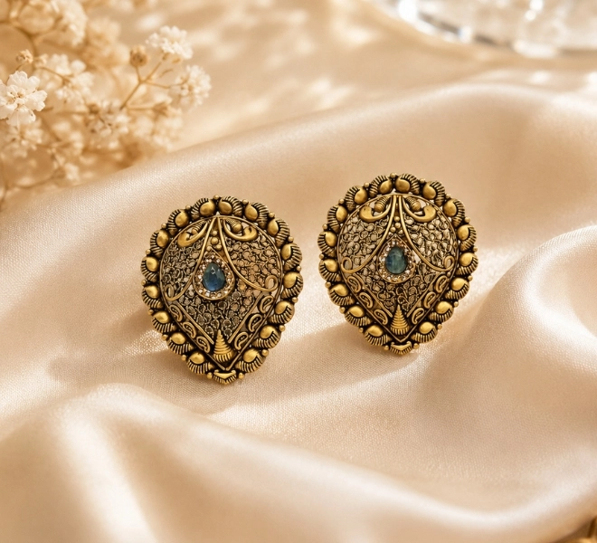 Antique Gold Peacock Drop Stud tops with Blue Stone