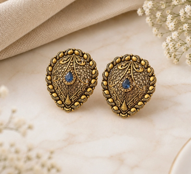 Antique Gold Peacock Drop Stud tops with Blue Stone