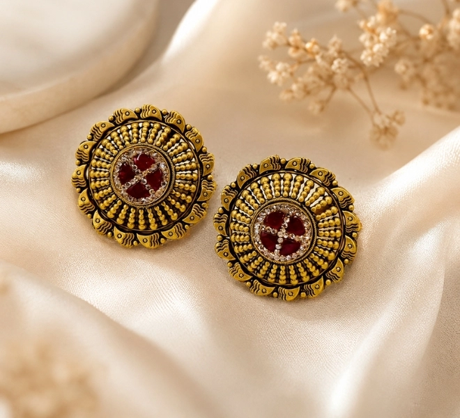 Antique Gold Round Stud Tops with Red Stone