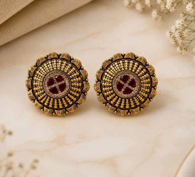 Antique Gold Round Stud Tops with Red Stone