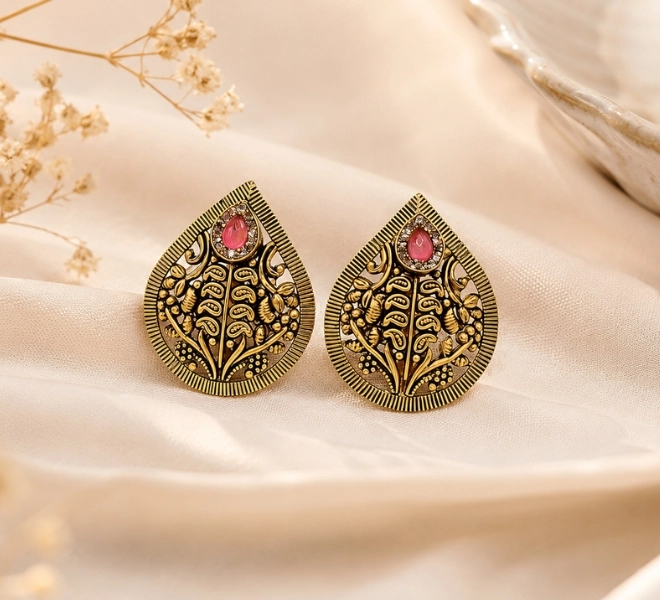 Antique Gold Teardrop Stud Tops with Pink Stone