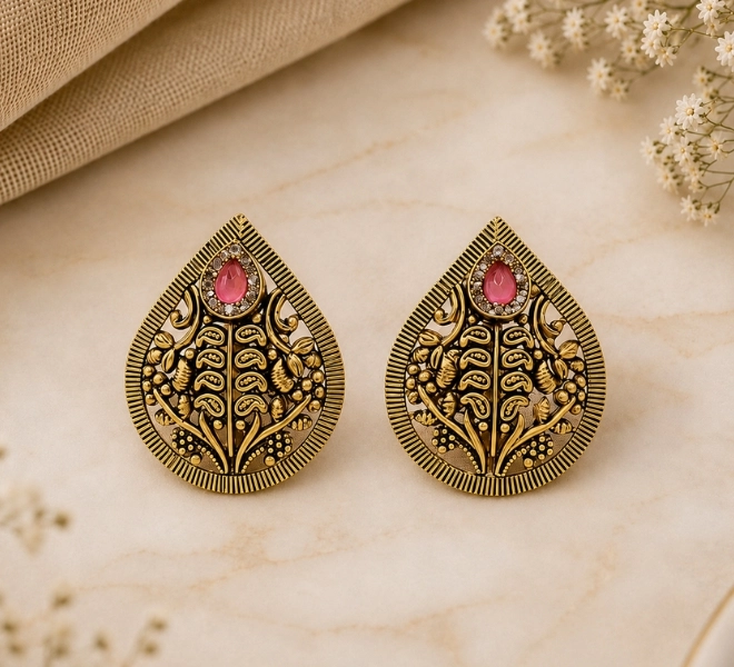 Antique Gold Teardrop Stud Tops with Pink Stone