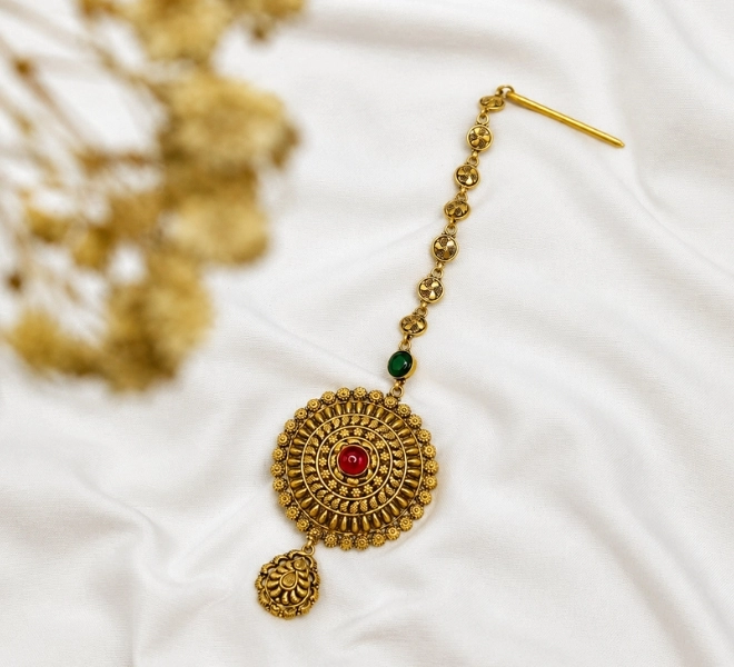 Traditional Antique Gold Maang Tikka with Red Stone