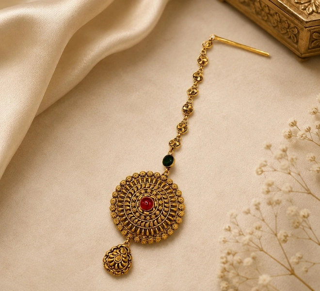Traditional Antique Gold Maang Tikka with Red Stone