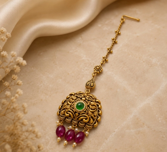 Antique Gold Floral Maang Tikka with Green Stone & Pink Beads