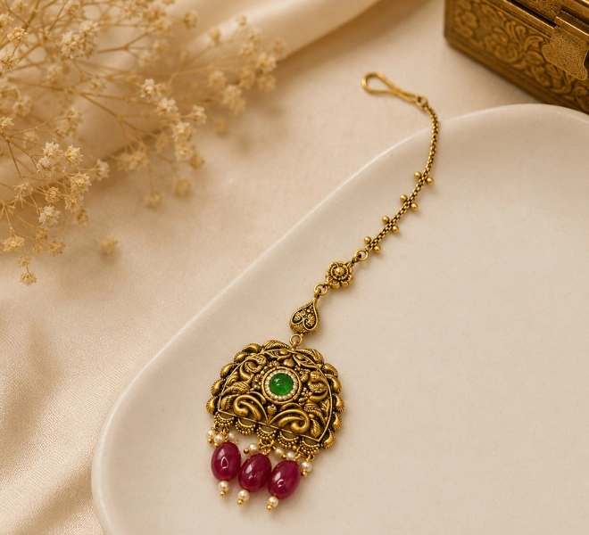 Antique Gold Floral Maang Tikka with Green Stone & Pink Beads