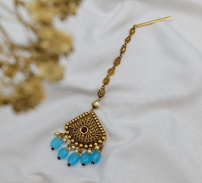 Antique Gold Fan-Shaped Maang Tikka with Blue Bead Drops