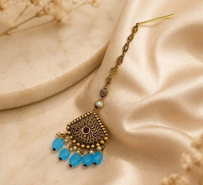 Antique Gold Fan-Shaped Maang Tikka with Blue Bead Drops