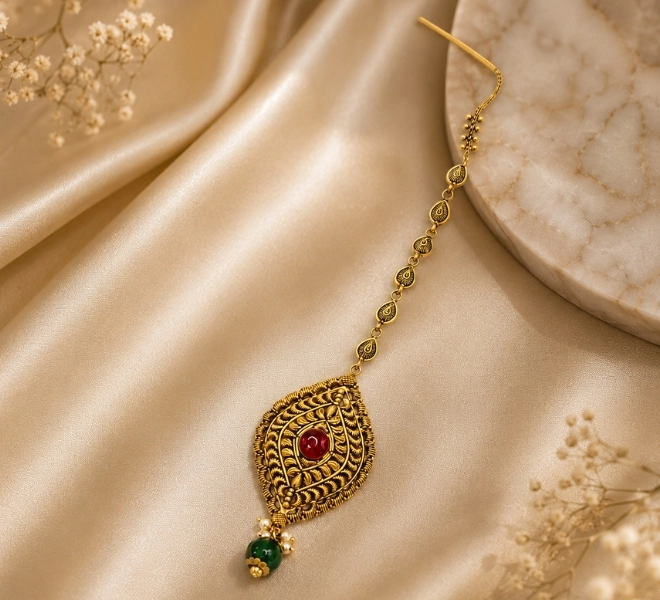 Antique Gold Leaf-Shaped Maang Tikka with Red Stone & Green Bead Drop