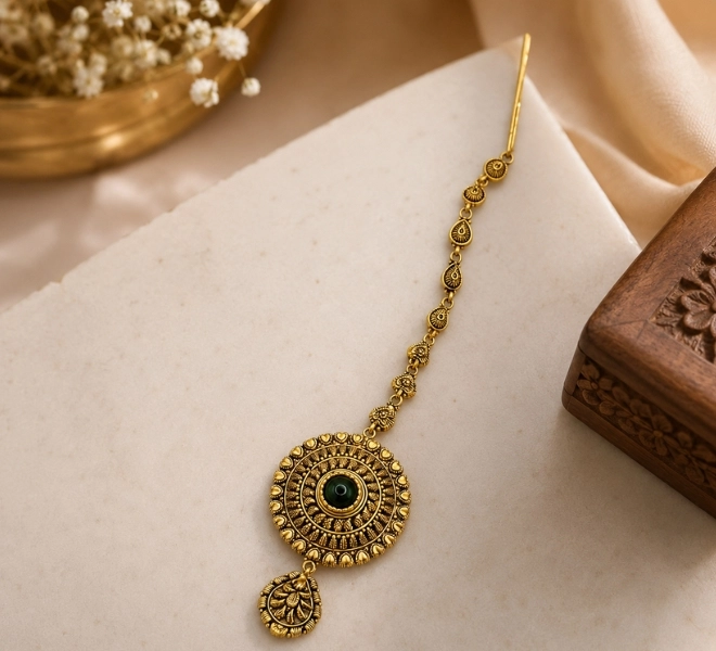 Antique Gold Round Maang Tikka with Green Stone & Floral Drop