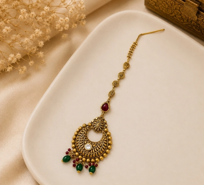 Antique Gold Chand Maang Tikka with Red & Green Bead Drops