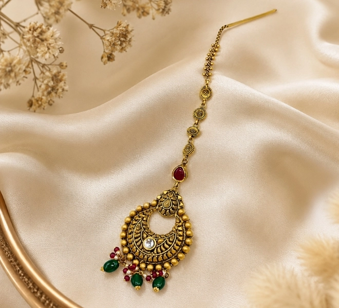 Antique Gold Chand Maang Tikka with Red & Green Bead Drops