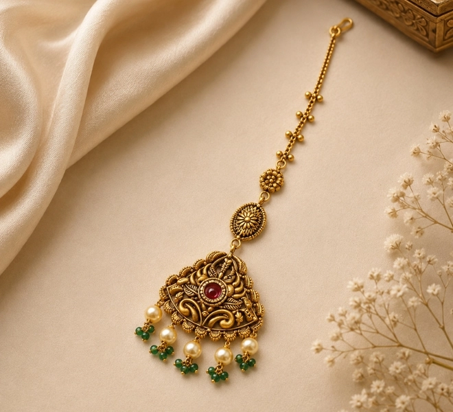 Floral Maang Tikka with Pearl & Green Bead Drops