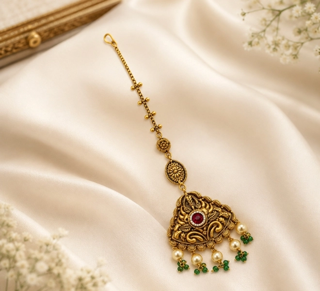 Floral Maang Tikka with Pearl & Green Bead Drops