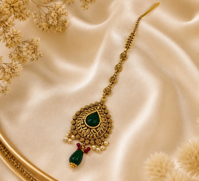 Peacock Maang Tikka with Green Stone & Pearl Drops