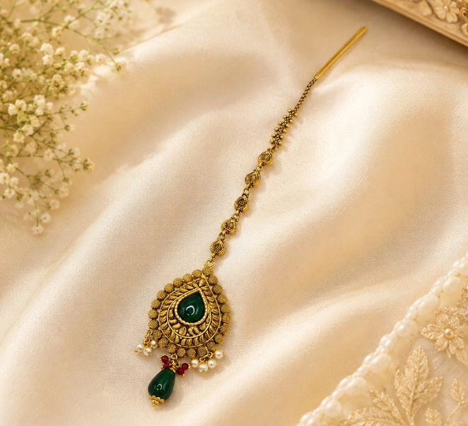 Peacock Maang Tikka with Green Stone & Pearl Drops