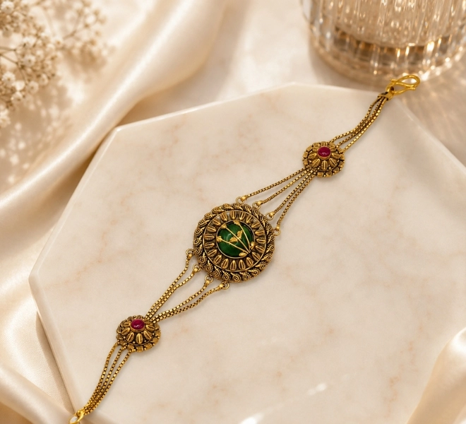 Gold Multi-Chain Bracelet with Green Stone & Ruby Accents