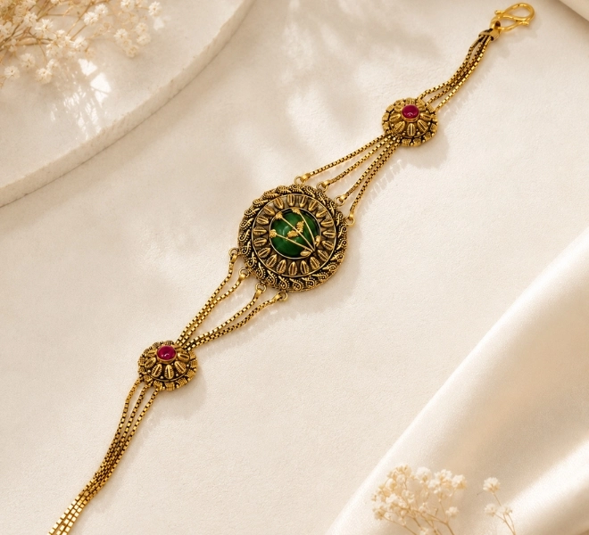 Gold Multi-Chain Bracelet with Green Stone & Ruby Accents