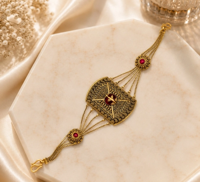 Gold Multi-Chain Bracelet with Ruby Red Stone Accents