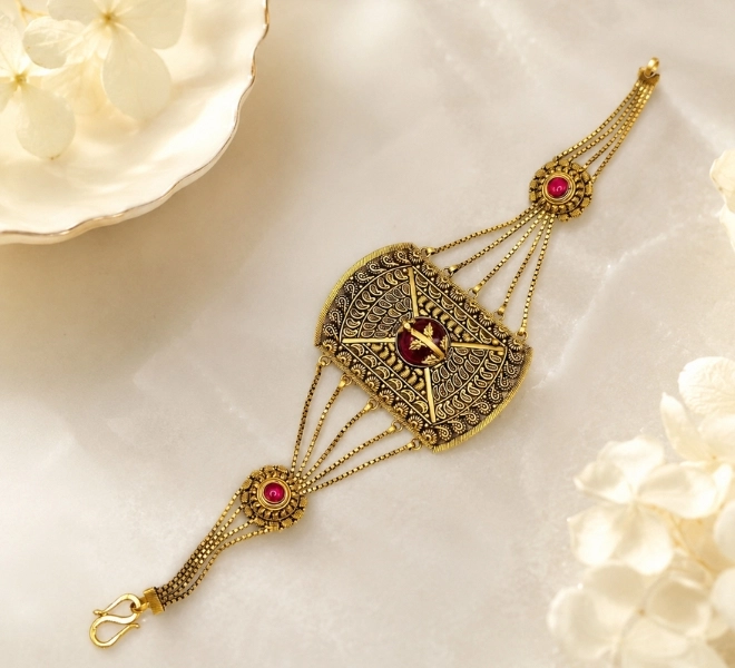 Gold Multi-Chain Bracelet with Ruby Red Stone Accents