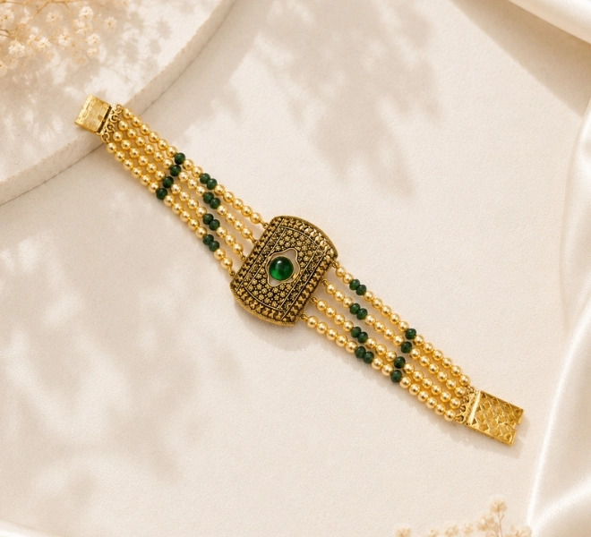 Pearl Bracelet with Green Beads & Statement Centerpiece