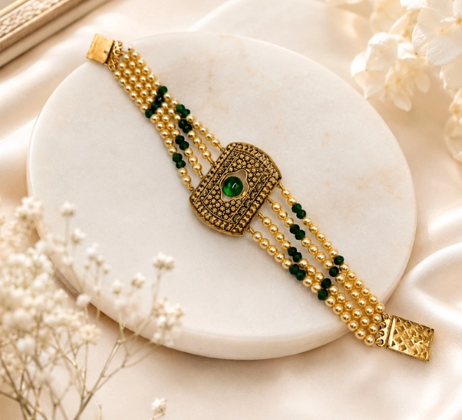 Pearl Bracelet with Green Beads & Statement Centerpiece