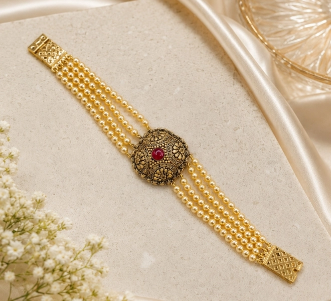 Gold Pearl Bracelet with Ruby Red Stone Centerpiece