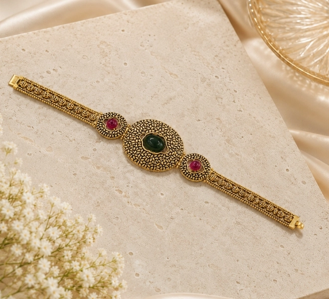 Gold Oval Bracelet with Green & Ruby Stone Accents
