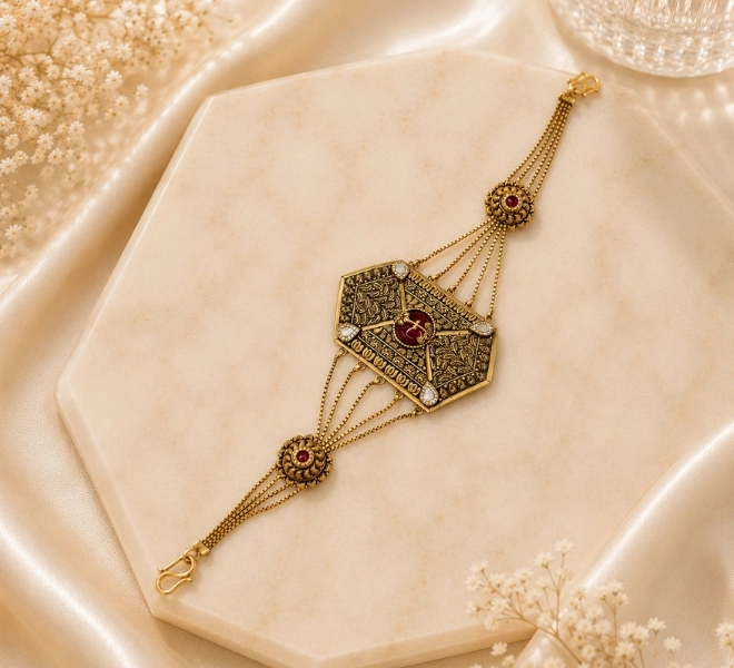 Gold Designer Bracelet with Ruby Red Stone & White Stone Accents