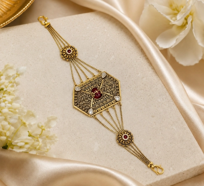 Gold Designer Bracelet with Ruby Red Stone & White Stone Accents