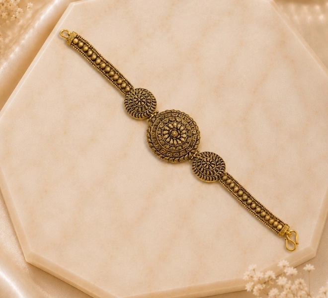 Antique Gold Floral Bracelet with Round  Design